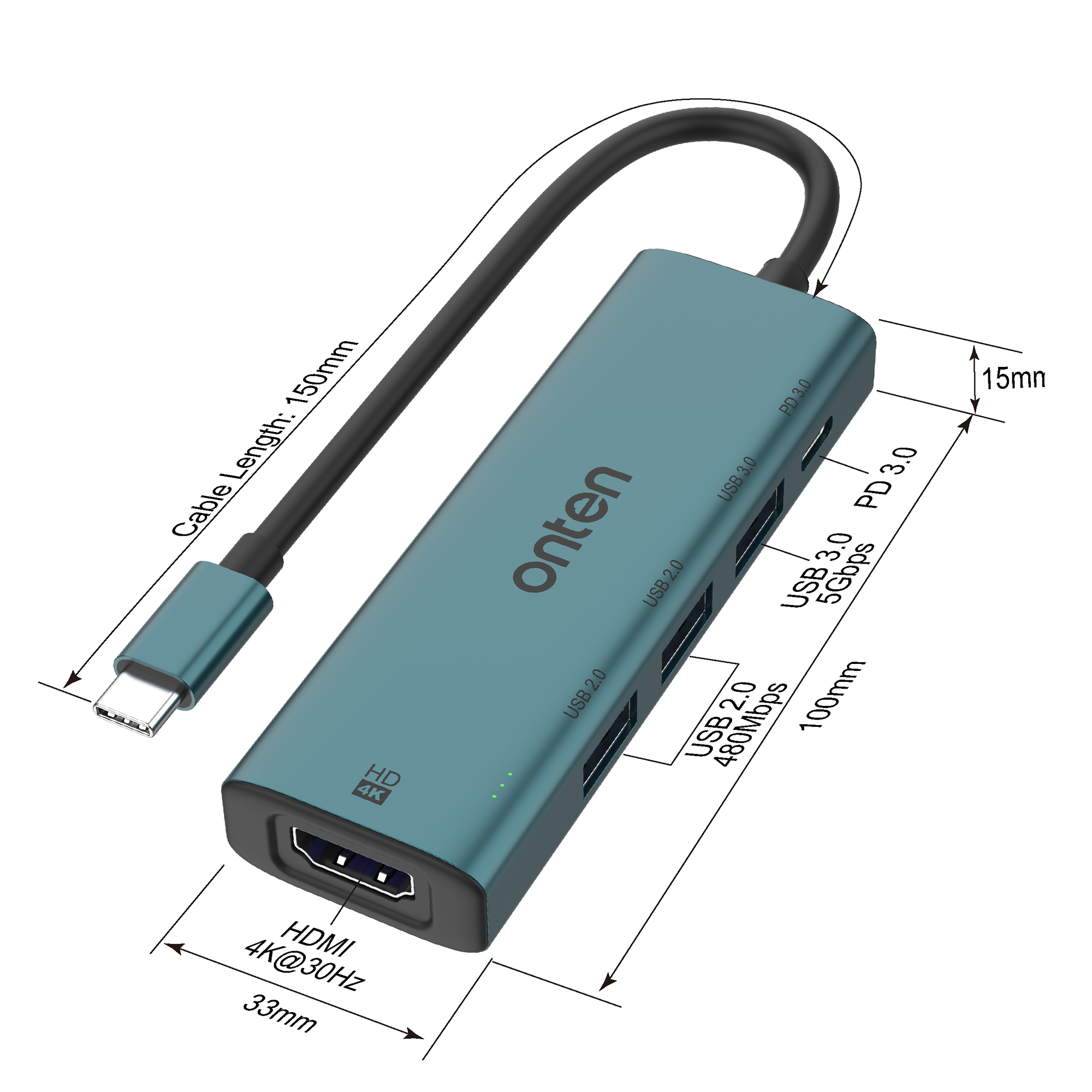 USB-C to HDTV (4k) Adapter with 3-Port Hub  OTN-UC123